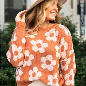 Cozy Floral Knit Sweater - Orange and Cream